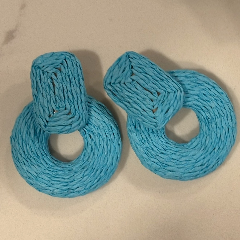 Boho Wrapped Raffia Door Knocker Earrings Blue Statement Show Stopper